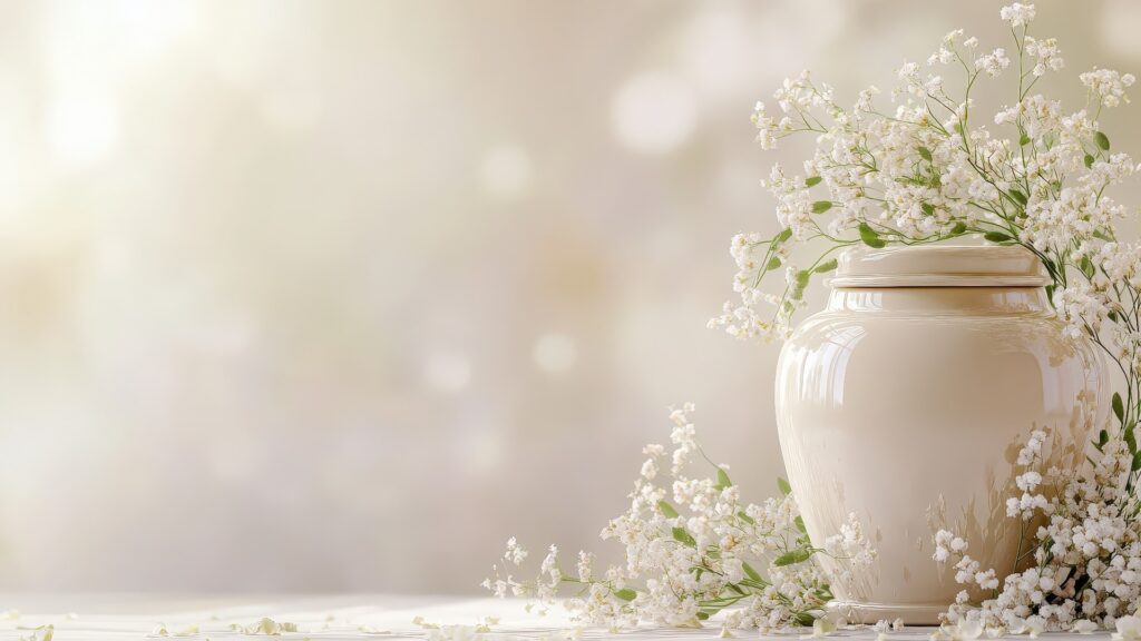 Eine ruhige weiße Urne umgeben von zarten Blumen in einem sanft beleuchteten Innenraum