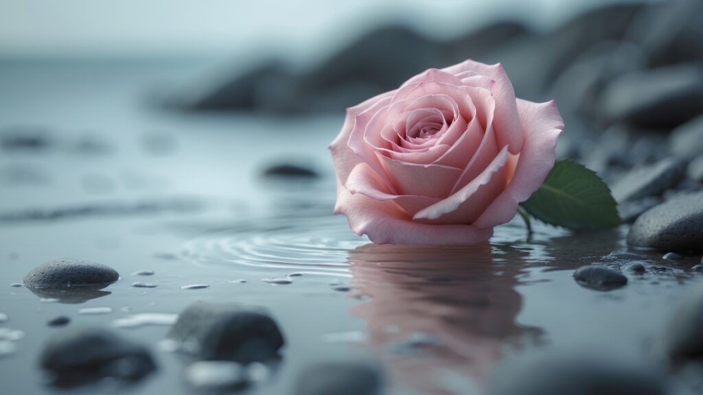 Einsame Rosenblüte am steinigen Strand, sanftes Wasser im Hintergrund