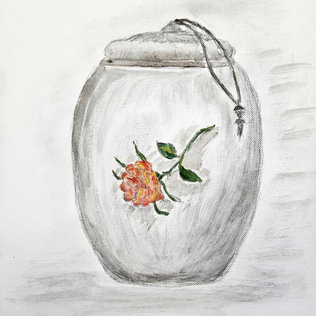 Ein gemaltes Bild einer Urne mit einer Rose darauf, Zeichnung auf Leinwand.