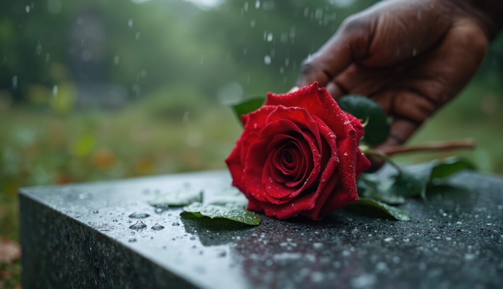 Nahaufnahme einer schwarzen Hand, die eine rote Rose auf einen grauen Granitgrabstein im Regen legt. Beerdigungszeremonie, Abschied nehmen. Gedenkfeier. Beileid. Trauer, Kummer, Gedenken. RIP-Inschrift.