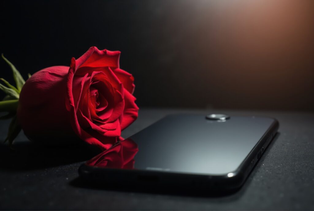 Rote Rose, die auf einem Smartphone auf einer schwarzen Oberfläche ruht